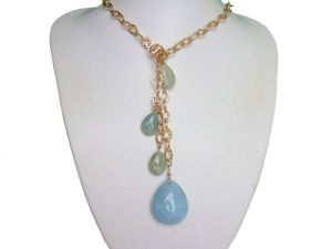 Gemshine - Damen - Halskette  - Lariat - Vergoldet - Aquamarin - Tropfen - Blau - 100 cm